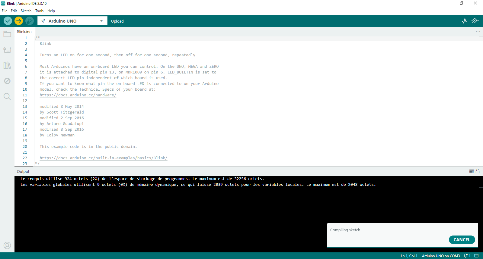 Téléversement du programme Blink dans l'IDE Arduino