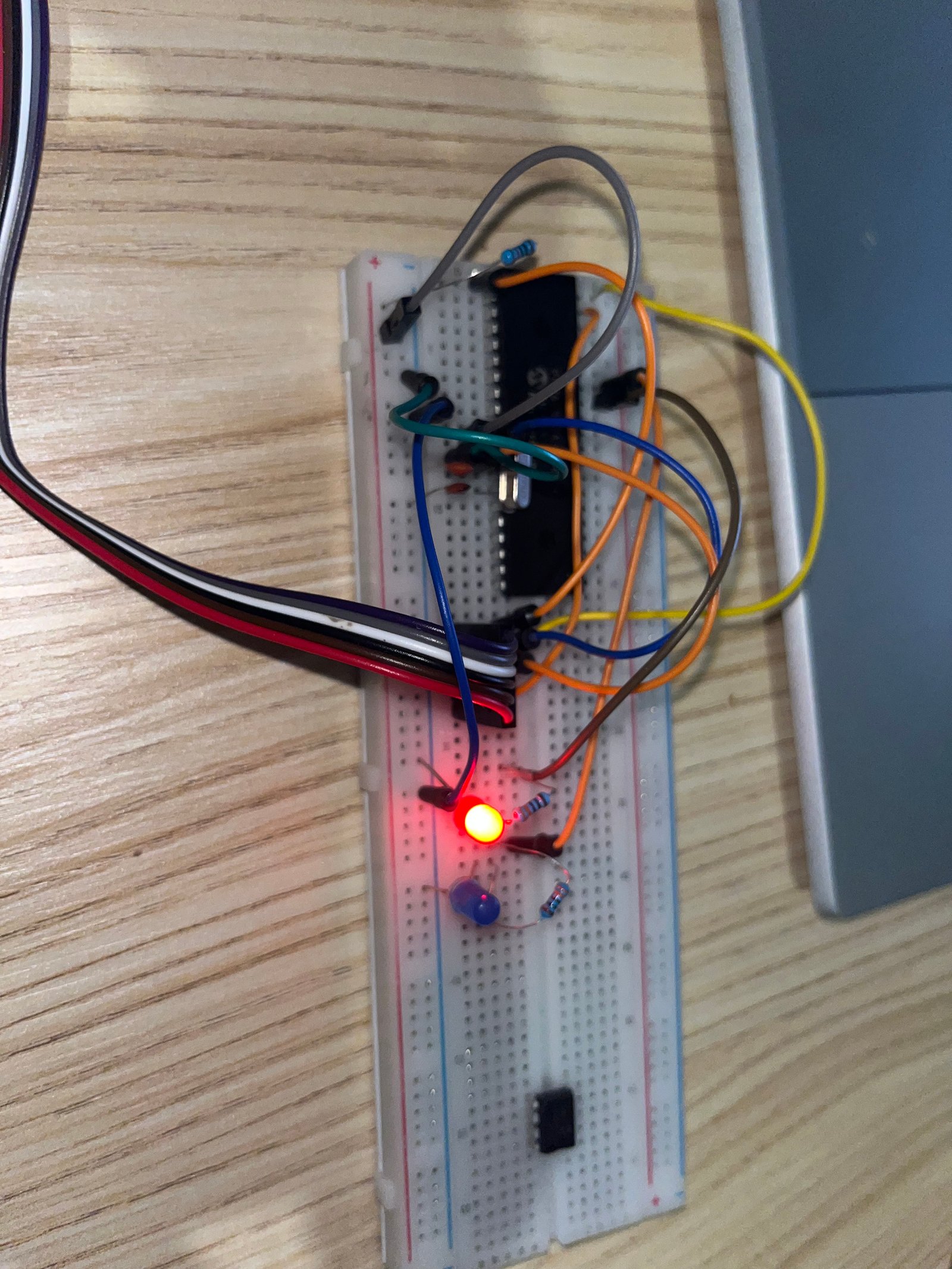 Montage final PIC16F877A avec LED rouge et bleue sur breadboard